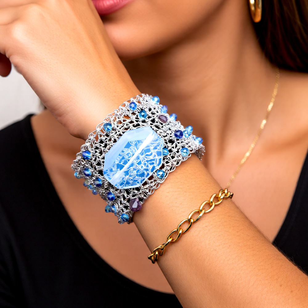 Handmade crochet wire Bracelet with blue AB Austrian Crystals Opalite Stone Sm
